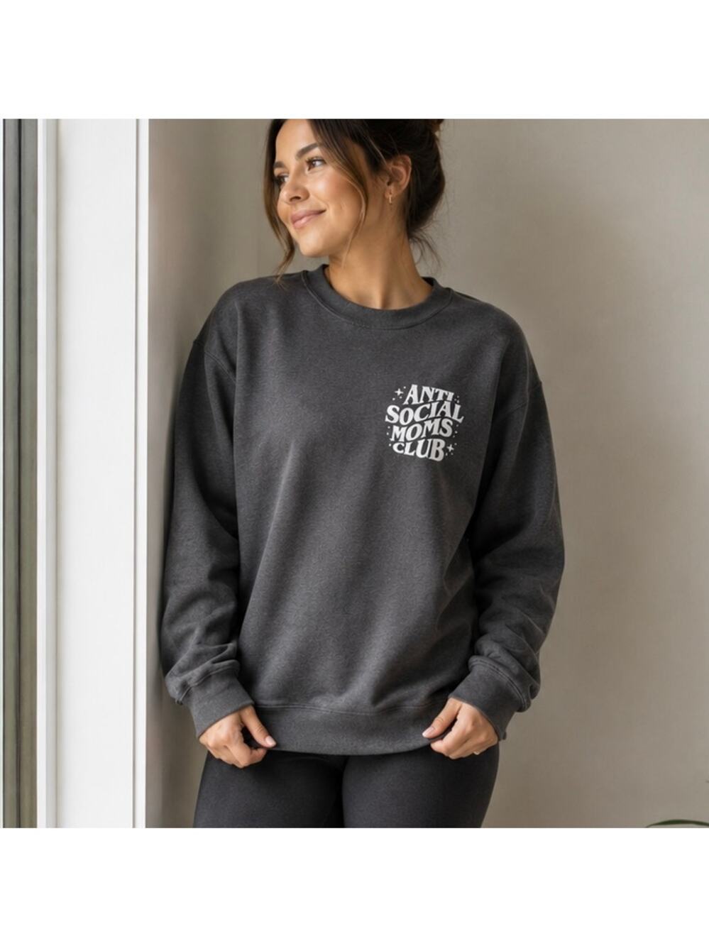 Anti Social Moms Club Charcoal Gray Graphic Crewneck Sweatshirt Small